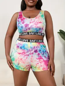 Women's Plus Size Sportswear Casual Sleeveless Vest + Shorts Two-Piece Set, Comfortable Fashion Home Sleepwear, Slim-Fit Above Knee, Pajama Set, Womenswear