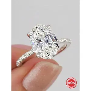 S925 Sterling Silver Oval Shaped Zirconia Ring, Fashion Wedding Engagement Ring for Women, Trendy All-match & Exquisite Jewelry for Birthday Gift