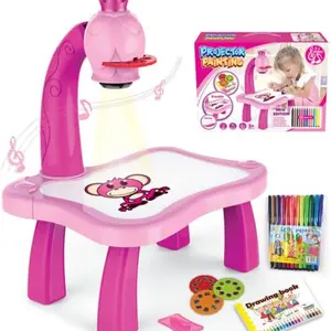 DIY Kids Educational Drawing Projector Table, Magnetic Art Kit with Music, Pencils, Stickers for Ages 3-8, Fun