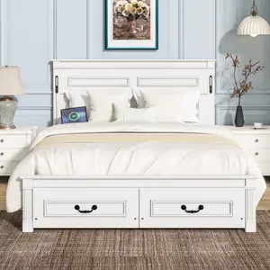 Queen Size Bed with Tall-Panel Headboard & Footboard, 2 Storage Drawers, Built-in LED Lights, USB Charging Station, Pinewood Bed with Strengthened Bed Frame,White，Soft-cushioned platform bed frame. Wooden strips featuring a noise-free riveting#Summervibes