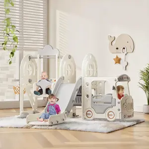 BIERUM 5-in-1 Bus-Themed Toddler Slide & Swing Set，Indoor & Outdoor Playground with Basketball Hoop for Ages 1-3 ，Beige & Gray