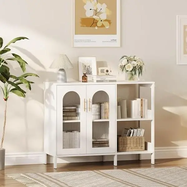 White Modern Glass Door Sideboard Cabinet - Solid Wood Frame Buffet with Metal Handles, Adjustable Shelves for Living Room, Dining Room