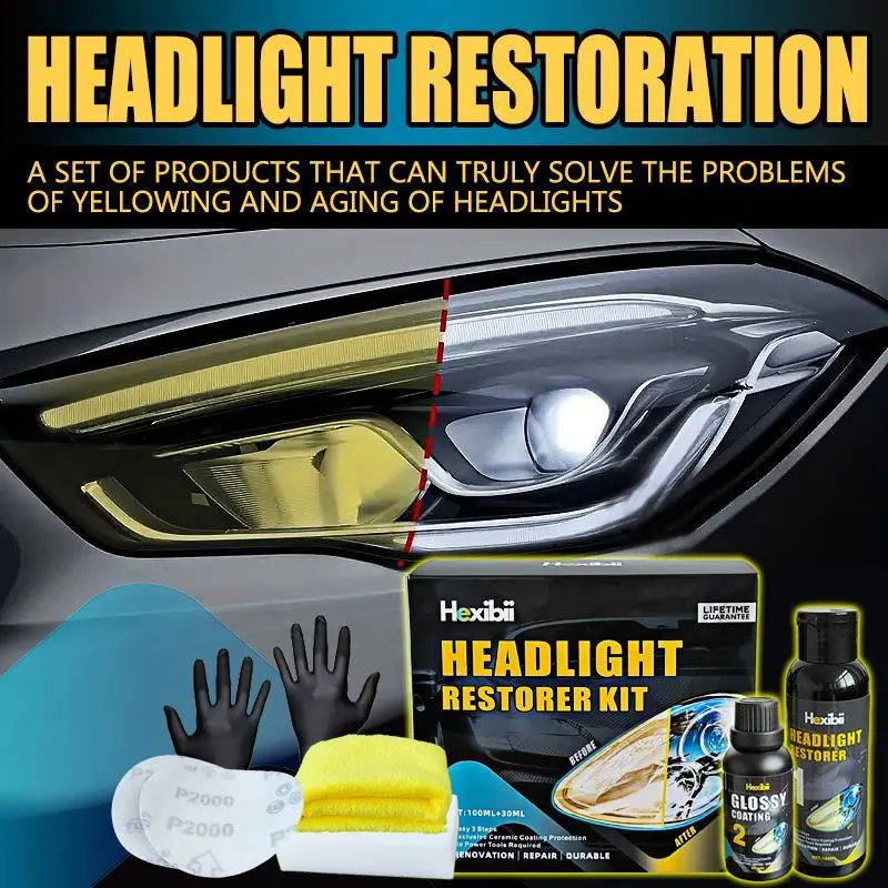 Automotive Headlight Restorer Kit Set with Polishing Agent Paste, Manual Tool Car Detailing Paint Care Product, Oxidation & Yellowing Removal Cleaner, Enhanced Crystallization Coating, No Power Tools Needed, Maintains Headlight Performance