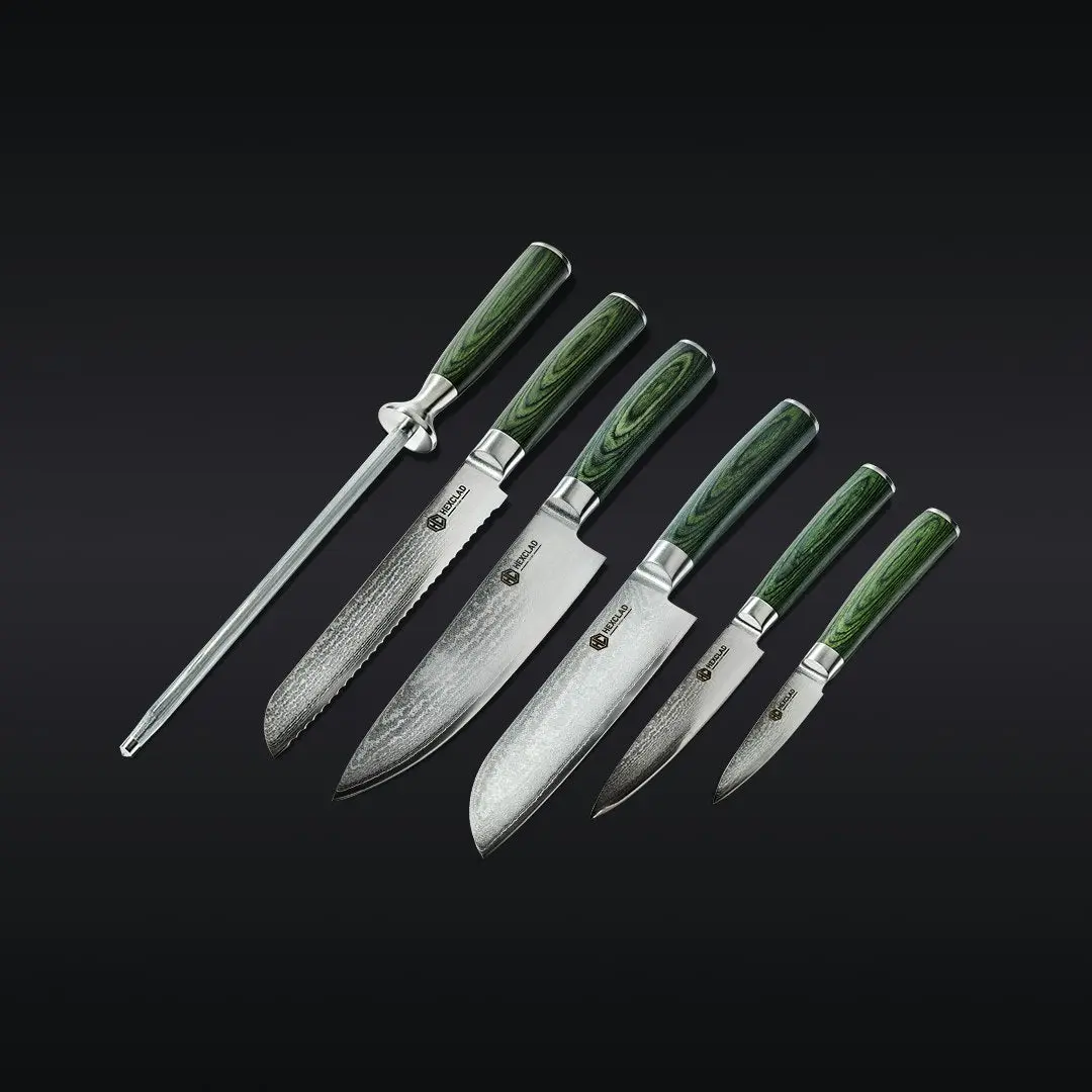 Essential Japanese Damascus Steel Knife Set, 6-pc (Green) Essential Japanese Damascus Steel Knife Set, 6-pc (Green)