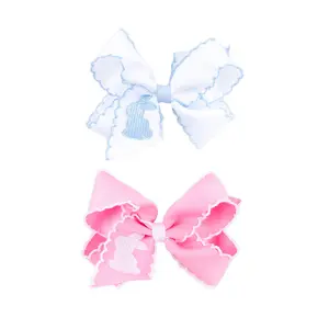 Easter Bunny Embroidered Moonstitch Hair Bow - Girls Grosgrain Ribbon Hair Accessory