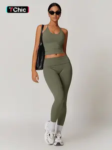 Two-Piece Set Women's Solid Backless Halter Crop Top & Fold Over Waist Leggings Tracksuit Set, Casual Sporty Breathable Outfits for Yoga Gym Workout Running, Sports Fitness Wear, Ladies Sportswear for All Seasons, Valentine's Day Gift for Girl