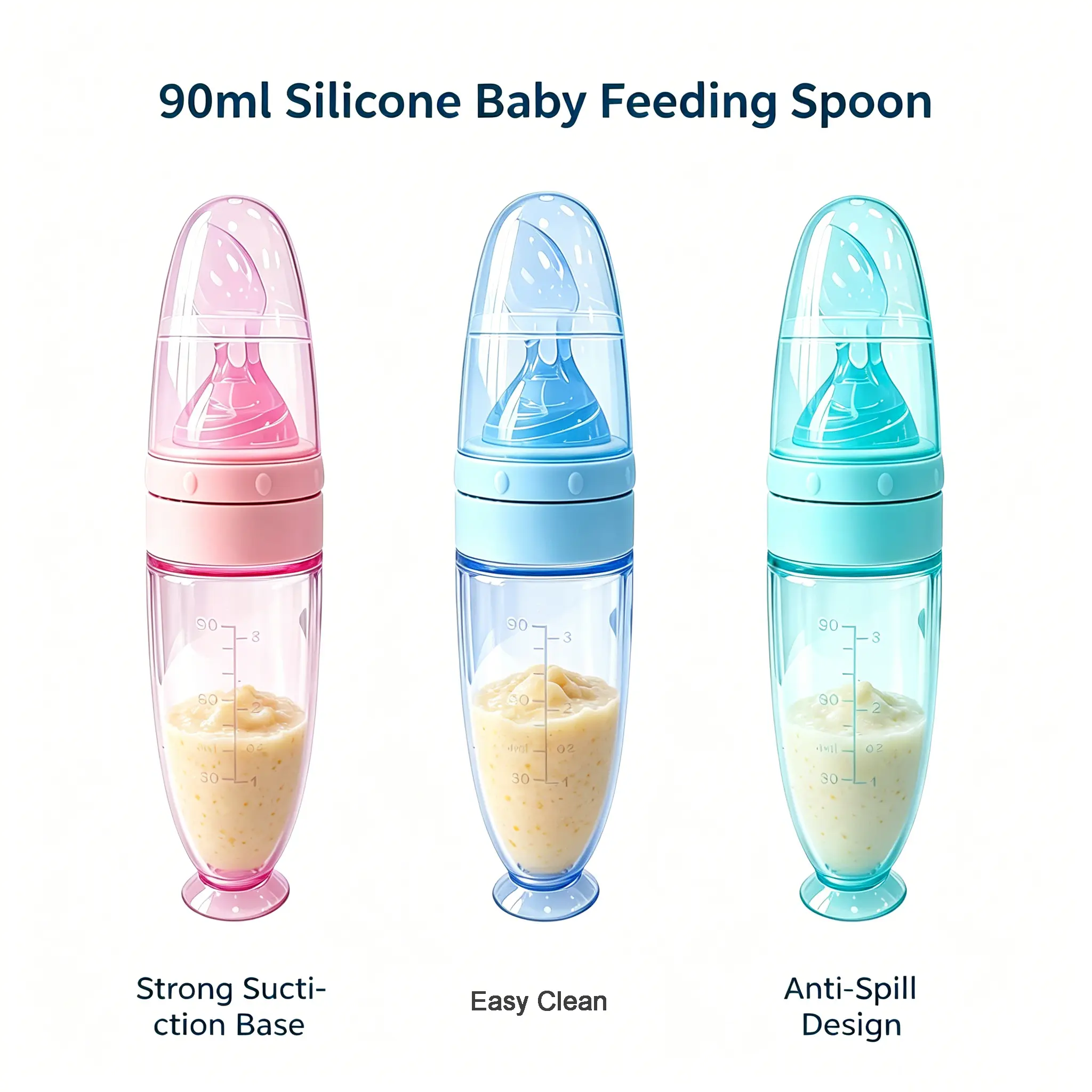 3.040z/ 90ml Silicone Baby Suction Feeding Bowl with Soft Food Spoon BPA Free Infant Self Feeding Training Tableware Set, No Spill, Easy Clean, Parents Essentials