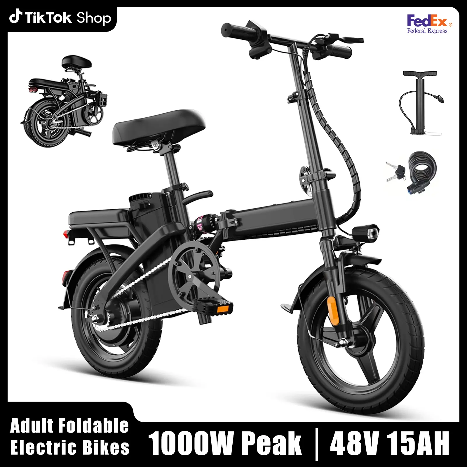 Folding Electric Bicycle (Commuter Bicycle) for Outdoor Cycling & Commuting, 500W Motor, 48V 15Ah Removable Battery, Suspension System, 80Km Range, UL2849 Certified