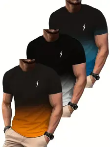 3-Pack Men's Gradient Lightning Print Crew Neck Short Sleeve T-Shirts, Stretchy Comfortable Summer Streetwear Casual Wear