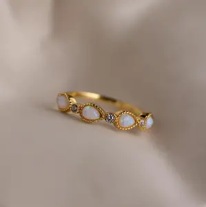 Opal Diamond Teardrop Ring by Caitlyn Minimalist - 18K Gold Plated Pear Cut Opal & Round Diamond Ring - Vintage Style Engagement Ring - Bridal Jewelry - Wife Gift