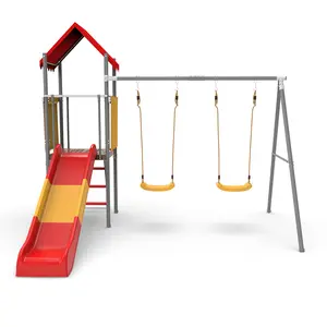 Mersco Metal Frame Treehouse Swing Set with Slide - Heavy-Duty A-Frame Stand, 2 Belt Swings, UV-Resistant Canopy, Ladder - Toddler Slide Set, Kids Outdoor Backyard Playground Equipment