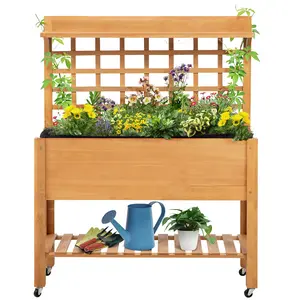 Brown Wooden Raised Garden Bed on Wheels, 41" x 18" x 53" Mobile Planter Box with Storage Shelf and Trellis, 330 lbs Capacity, Extra Deep Trough for Root Growth, for Vegetables Herbs Flowers, Indoor Outdoor Use, Easy to Move