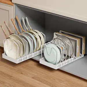 2pcs Pot Lids Organizer Rack for Cabinet and Countertop 7+ Pan Lids and Bakeware Organizer Rack Holder with 7 Adjustable Compartments Kitchen Storage Pot Lid Storage White Grey