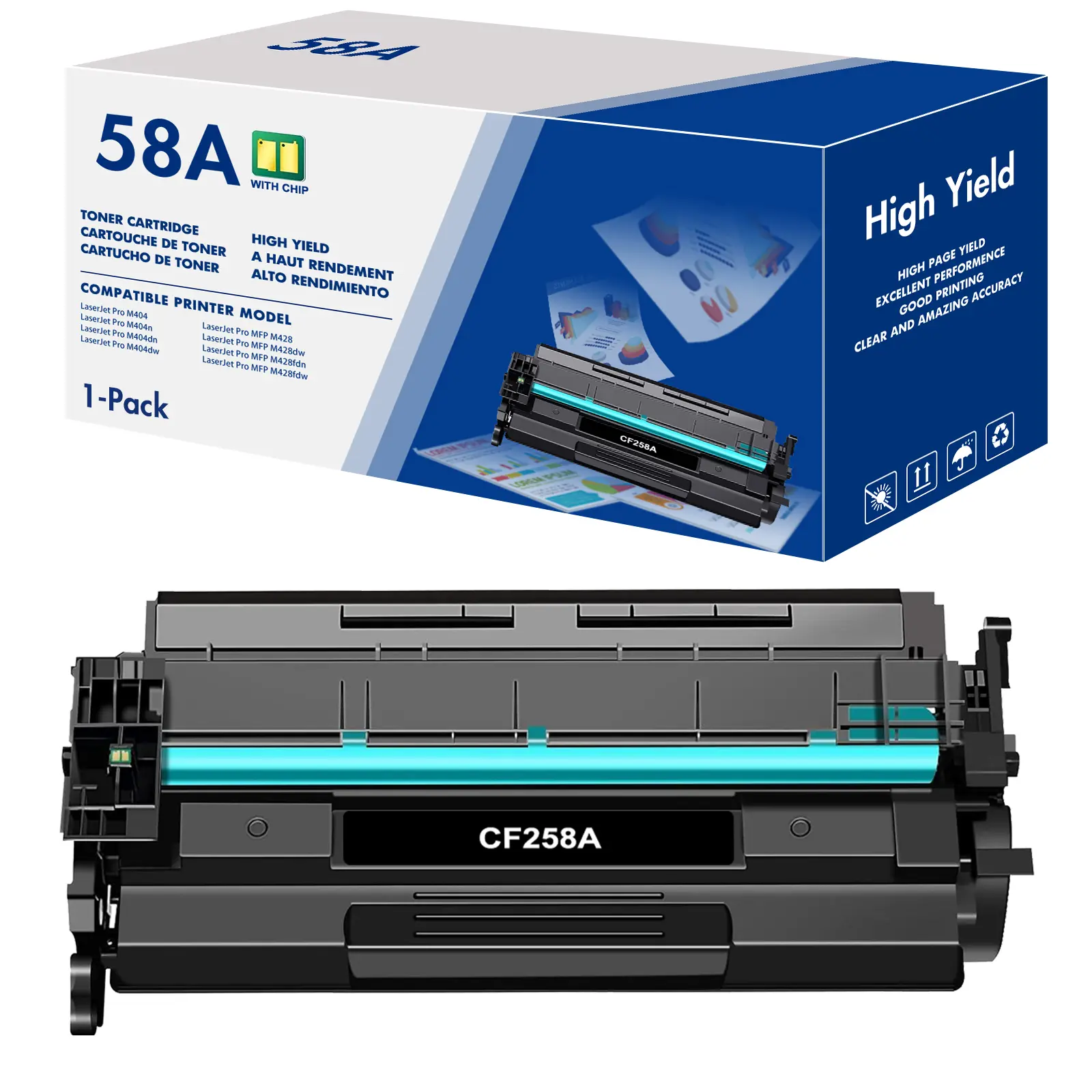 Black Toner Cartridge Replacement for HP Series (58A CF258A, 58X CF258X), High Page Yield 3,000 Pages per Cartridge, Compatible with HP LaserJet Pro M404n, M404dn, MFP M428fdw, M428dw, M428fdn, Enterprise M406 Printers