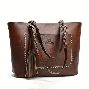 Elegant women's fashionable handbag with retro tassels, large capacity faux leather handbag, simple commuting shoulder bag Vintage Accessory