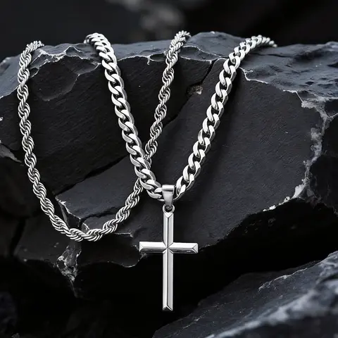 2pcs/set Cross Necklace for Men -Double Layered Cross Pendant Necklaces Waterproof Stainless Steel Cuban Link Rope Chain  Necklace Stack Jewelry 21.65&23.62 Inches