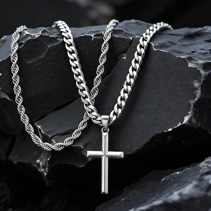 2pcs/set Cross Necklace for Men -Double Layered Cross Pendant Necklaces Waterproof Stainless Steel Cuban Link Rope Chain Necklace Stack Jewelry 21.65&23.62 Inches