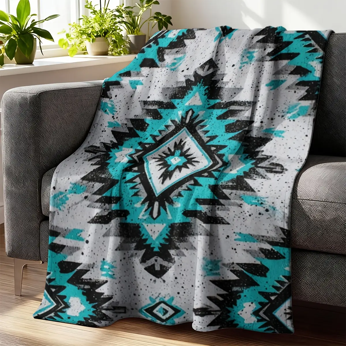 1 Pack Western Southwestern Geometric Flannel Throw Blanket - Turquoise Gray, Black White Teal Sawtooth Diamond Tribal Print Plush Cover, Cozy Aesthetic Home Room House Decor for Sofa - Ideal Gift for Western Stuff Enthusiasts