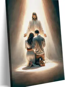 WOODEN FRAMED CANVAS ART PAINTING/Jesus Blesses Couple Canvas Wall Art Couple Kneeling and Praying to Jesus Wall Decor Picture Christianity Jesus Christ Postre Print for Bedroom Living Room Church Prayer Room Artwork Home Decoration