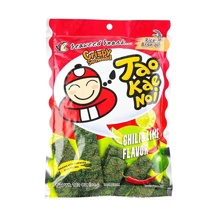 Taokaenoi Crunchy Seaweed Crisps - Spicy Lime Flavor, 28g, Low Calories, Room Temp, Bitesized Crisps & Puffed Snacks, Party Snacks