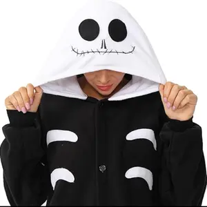 Skelenton Adult One Piece Cosplay Pajamas for Men and Women with Hooded Design and Unique Skull Face Pattern