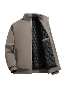 Men's Winter Stand Collar Quilted Jacket, Diamond Pattern Lining, Windproof Zipper Top, Business Casual Warm Fitted Outerwear, Thermal Lined Jacket