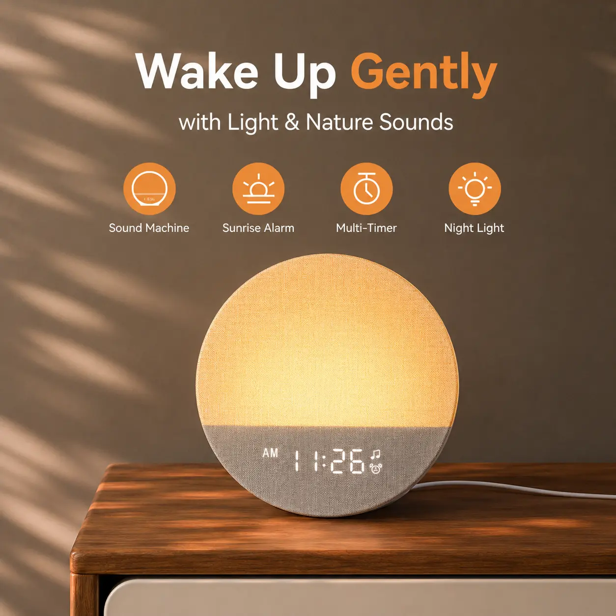 Dreamegg Digital Wall Clock - Sunrise Alarm for Waking Up, Audio Sound Machine, Color Changing LEDs Alarm Clocks, LED Light Night Light, Room Decor Home Supplies Piece, Sunrise Alarm Clock