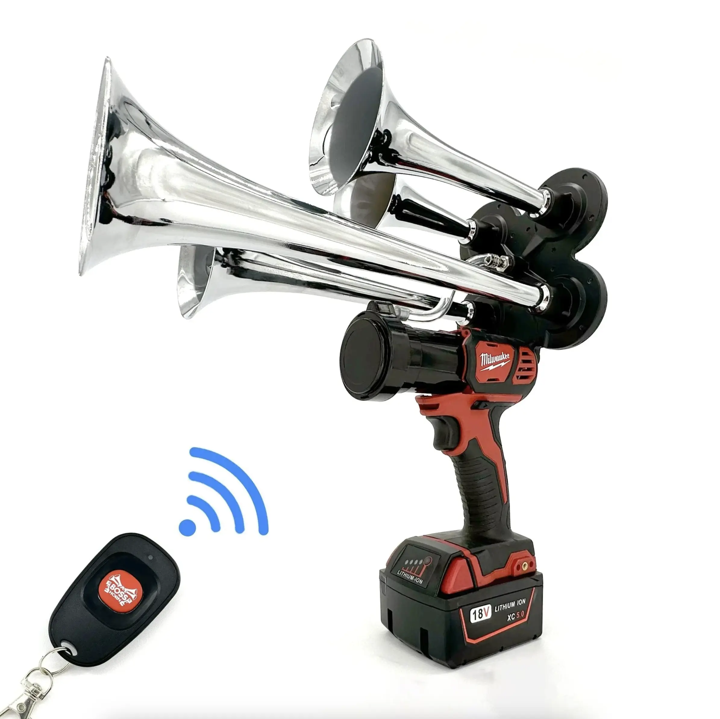 BossHorn Milwaukee Quad Train Horn Kit - Chrome, 150db Sound, Wireless with Remote Control, Long Range, 18V Impact Tool Accessory for Graduations, Event Fans, Wireless Horn