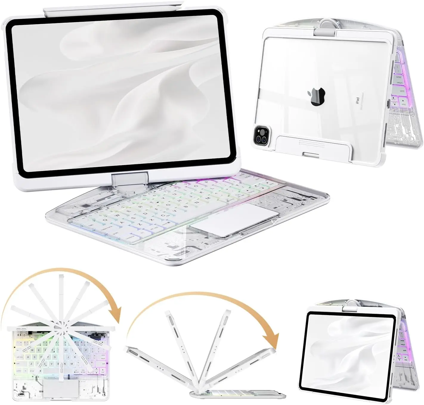 Lecsas Swivel Keyboard with Transparent Case Compatible with Apple iPad (8.3'/10.2'/10.9'/11'/12.9'/13 inch )ipad 7-11th(A16)/ipad air(2022-2026) / ipad pro (2018-2025) and ipad mini,released from 2018 to 2025 (iPad Not Included) Protection