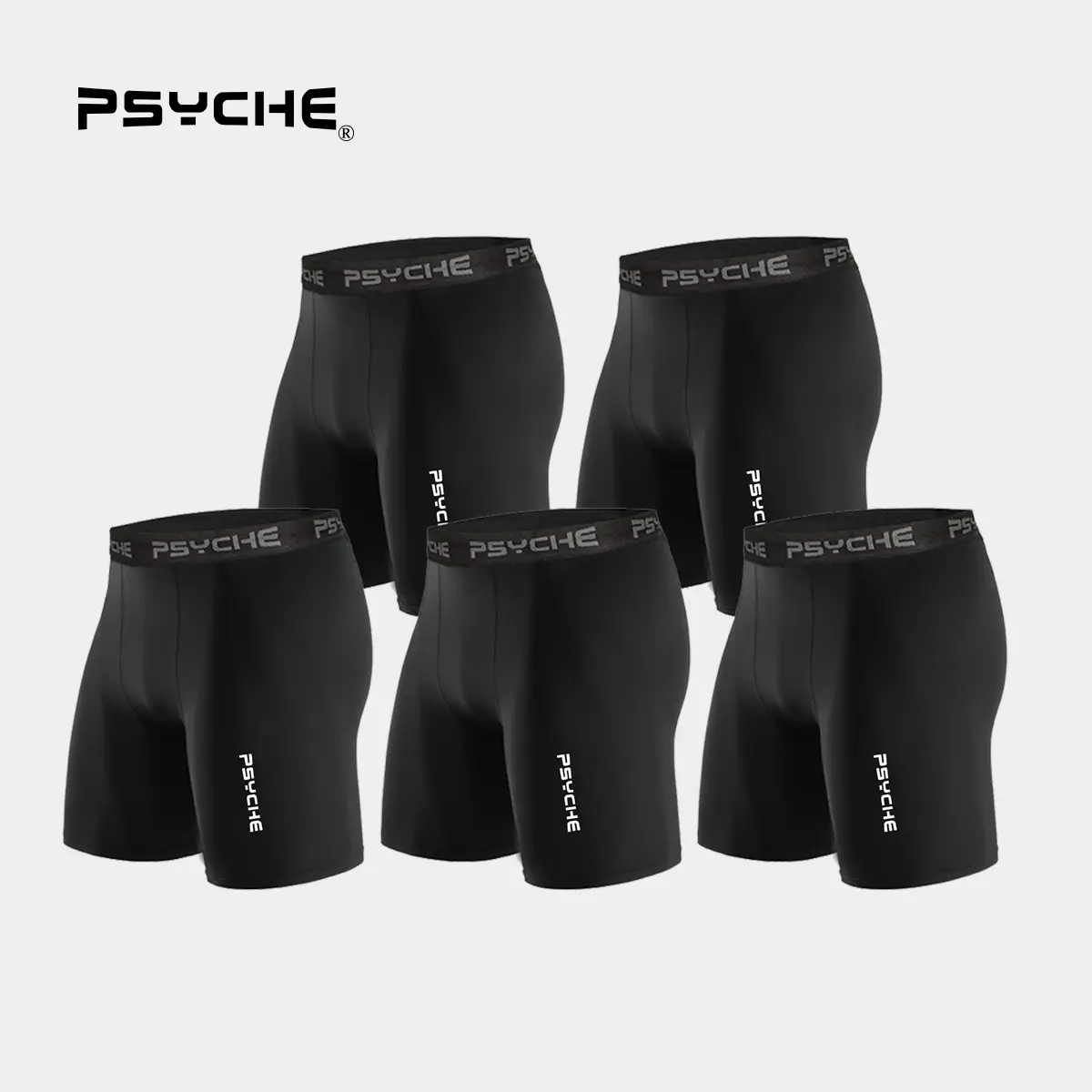 PSYCHE Men’s 5-Pack Compression Sport Shorts - Fitness Underwear, Squat-Proof, Sweat-Wicking, Ultra-Breathable for Gym, Running