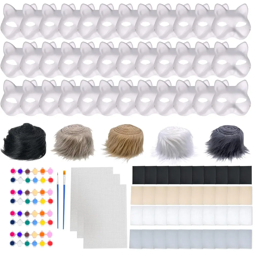 36 Pcs DIY Therian Mask Kit Blank Cat Mask with Felt Fabric Sheet Plush Faux Fur Eye Mesh for Therian Gear Party Cosplay Supplies