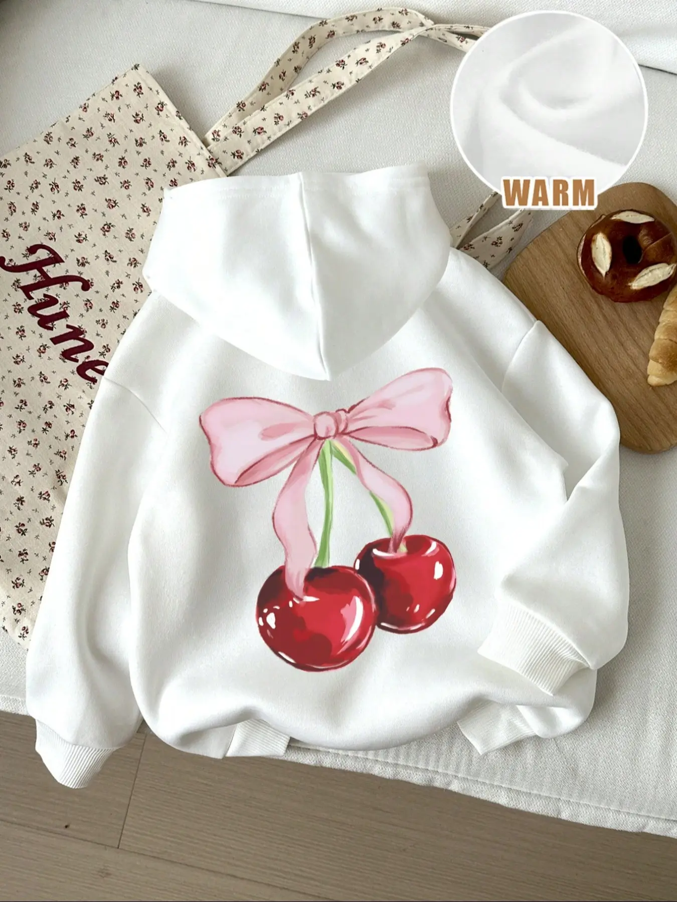 Women's Drop Shoulder Knit Hoodie with Bow and Cherry Print, Casual Fall & Winter Loose-Fit Pullover, Aesthetic Fashionable Outdoor Wear