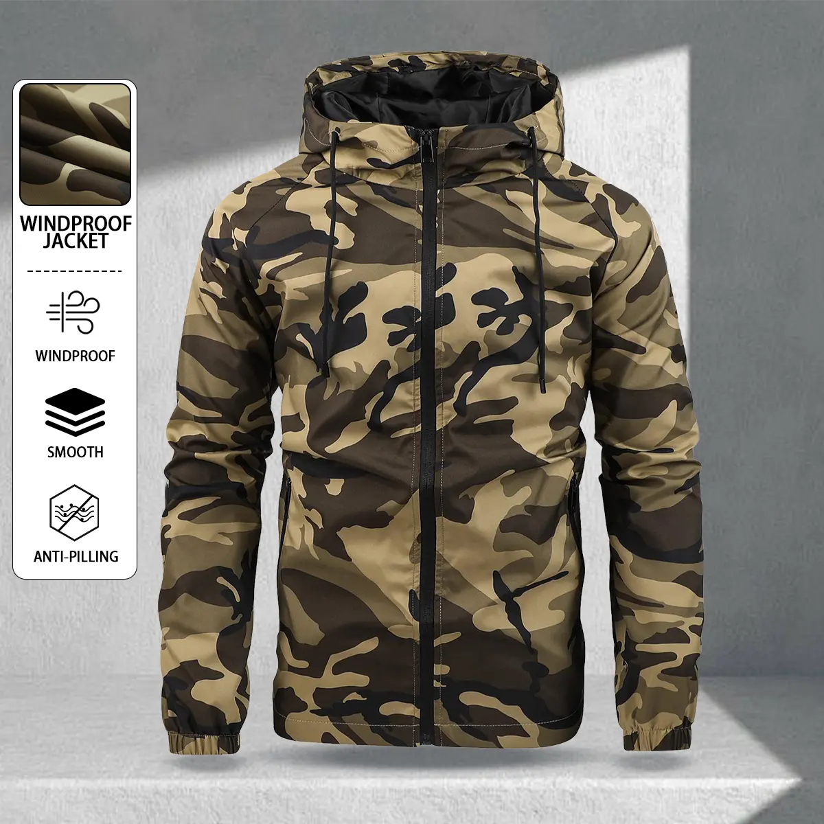 Men's Streetwear 2026 New Camouflage Hooded Jacket Windproof Waterproof High Street Style Loose Fit Workwear Coat Drawstring Adjustable Hat Pocket Zip Up Cardigan Hem Ribbed Cuffs Vintage Military Style Casual Commuter Outdoor Versatile Wear Suitable For