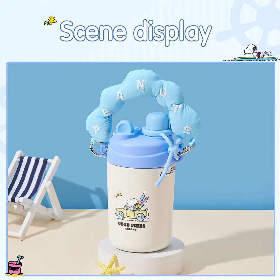 MINISO x Snoopy Ocean Diary 500mL/16.91oz Insulated Stainless Steel Water Bottle, Double-Wall Tumbler with Straw & Handle, Leak-Resistant, Portable Reusable, Keeps Drinks Hot/Cold, Cute Gift for Snoopy Fans, Back To School