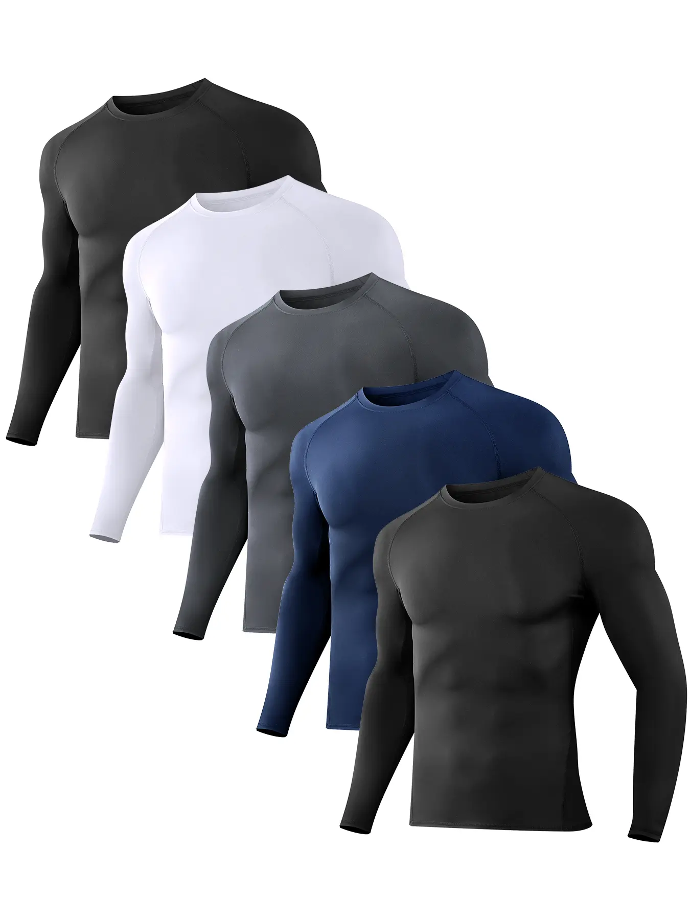 Men's 5-Piece Slim-Fit Long-Sleeve Sports Shirt Set Compression T-Shirt for Fitness Daily Activities Versatile Black White Navy Colors,summerwins