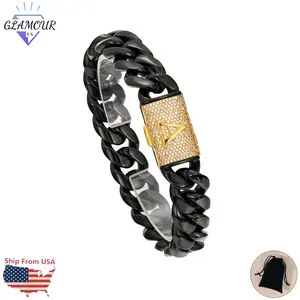 Black Miami Cuban link Bracelet 14MM Stainteel Steel With Custom Initials Letter A-Z Cubic Zirconia Clasp Hip Hop Jewelry For Men and Women