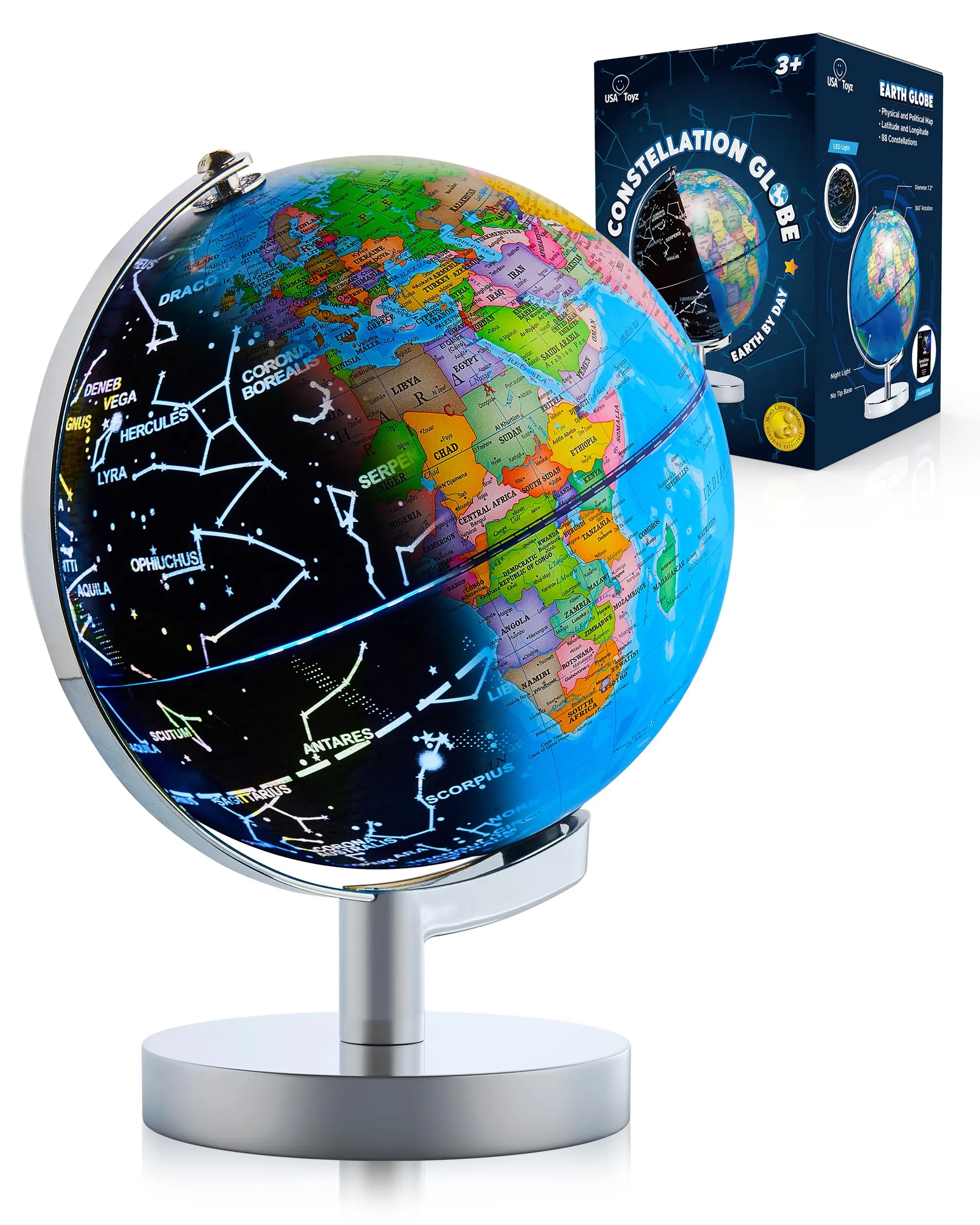 Illuminated Globe | 3-in-1 STEM World Globe with LED Light, Constellation Night Light, NonTip Metal Base, 9.75” Tall Desk Lamp Educational Globe