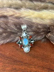 Handmade Sterling Silver Canyon Sunset Collection: Golden Hills Turquoise with White Buffalo and Carnelian Pendant "Signed Nizhoni"