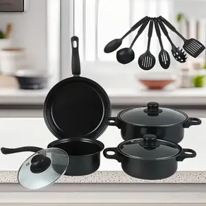 13-Piece Basilite Cookware Set - Durable Cast Iron Cookware with Glass Cover and Tools, Pink/Black, Stylish Kitchen Decor, Easy to Clean, Compatible with Multiple Stoves