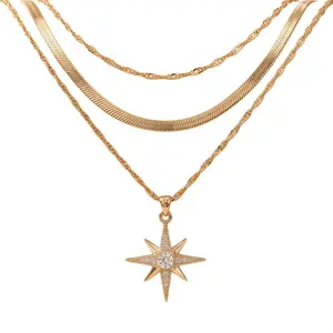 HBXL1029 Generic Women's  North Star Pendant Necklace Set, Dainty Celestial Starburst Layering Jewelry with Cubic Zirconia, Adjustable Chain Gift for Her