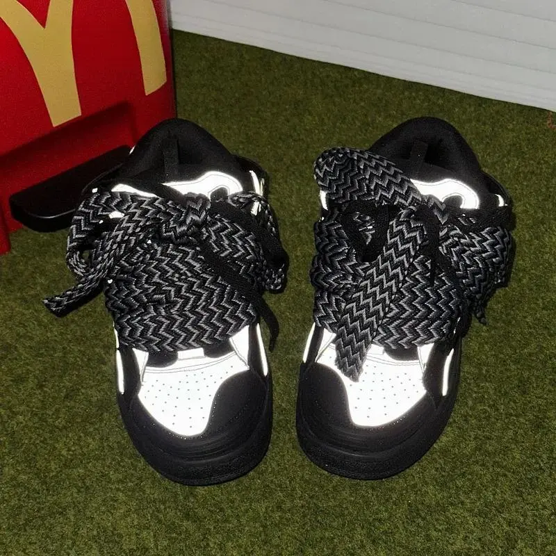 Unisex Chunky Runner Sneakers, Lightweight Comfy Breathable Walking Shoes in Black and White with Reflective Details