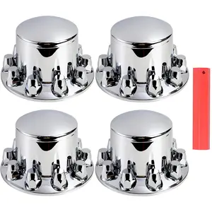 4 Pack of Rear Dome Axle Cover Combo Kits for Semi Truck Hubs with Screw-On 33mm Lug Nut, ABS Plastic Chrome Plated, 10 Hole Removable Caps