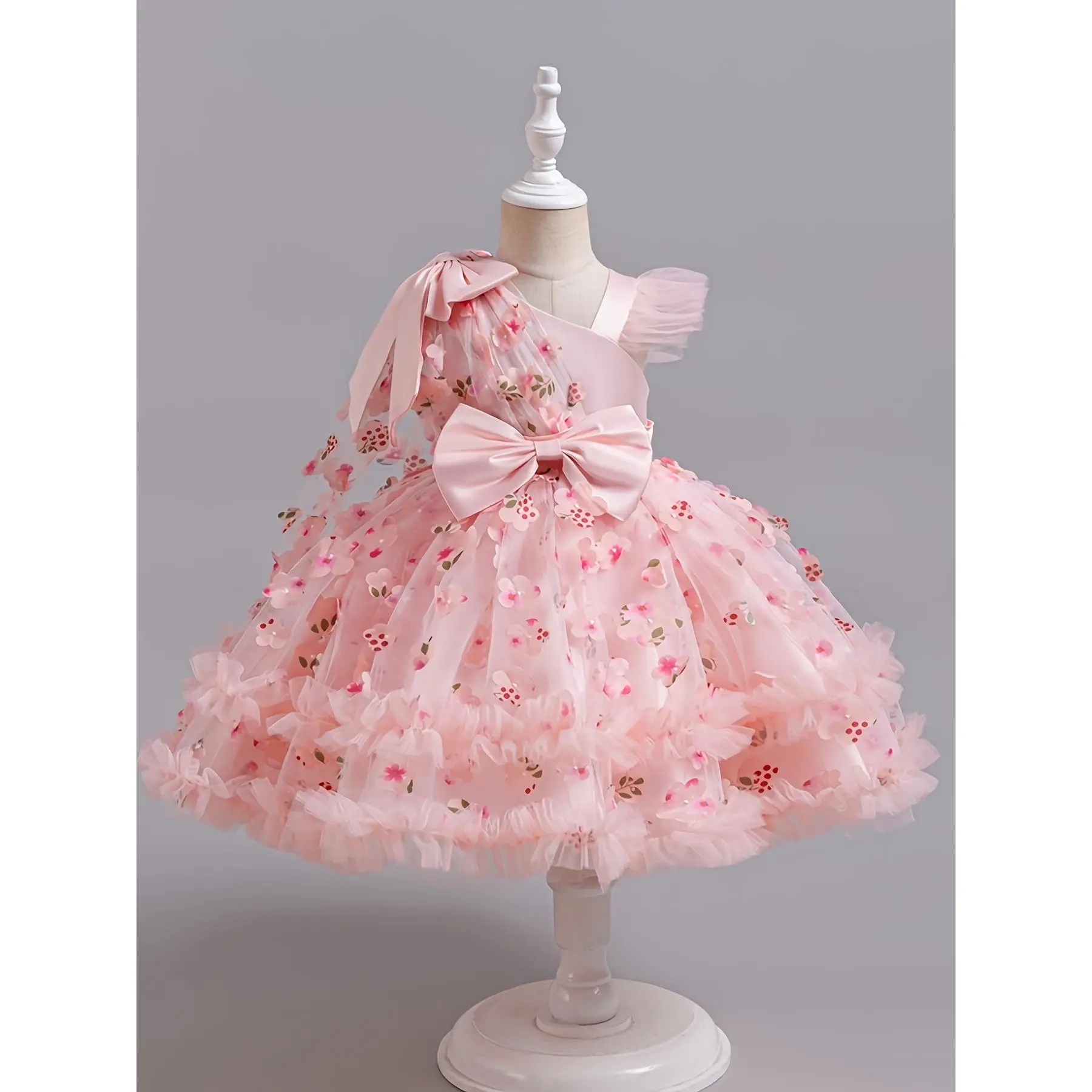 Princess Tutu Skirt for Girls Under 12 Years Old, Single Shoulder Strap and Bow Detail Design, Pink Floral Butterfly Print, Knee-Length Ruffled Hem, Soft Viscose Polyester Blend Fabric, Elegant Party Dress