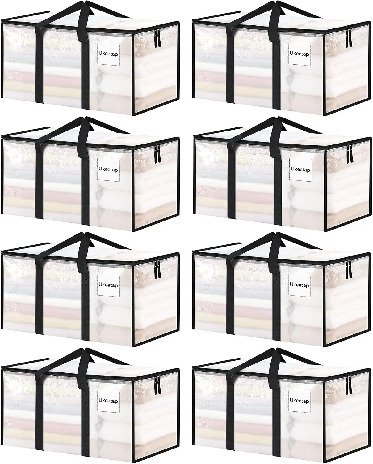 8 Pack Extra Large Plastic Clothes Storage Bins with Lids, Clear Storage Bags with Reinforced Handles & Heavy-Duty Zippers, Totes for Clothes Packing, Dorms