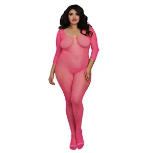 Women's Plus Size Pink Fishnet Crotchless Body Stocking