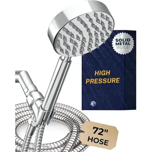 (R) Solid Metal Handheld Shower  with Hose and Brass Holder - CHROME - 2.5 GPM High  Shower Heads with Adjustable Shower Wand Bracket - 6ft Flexible Extension