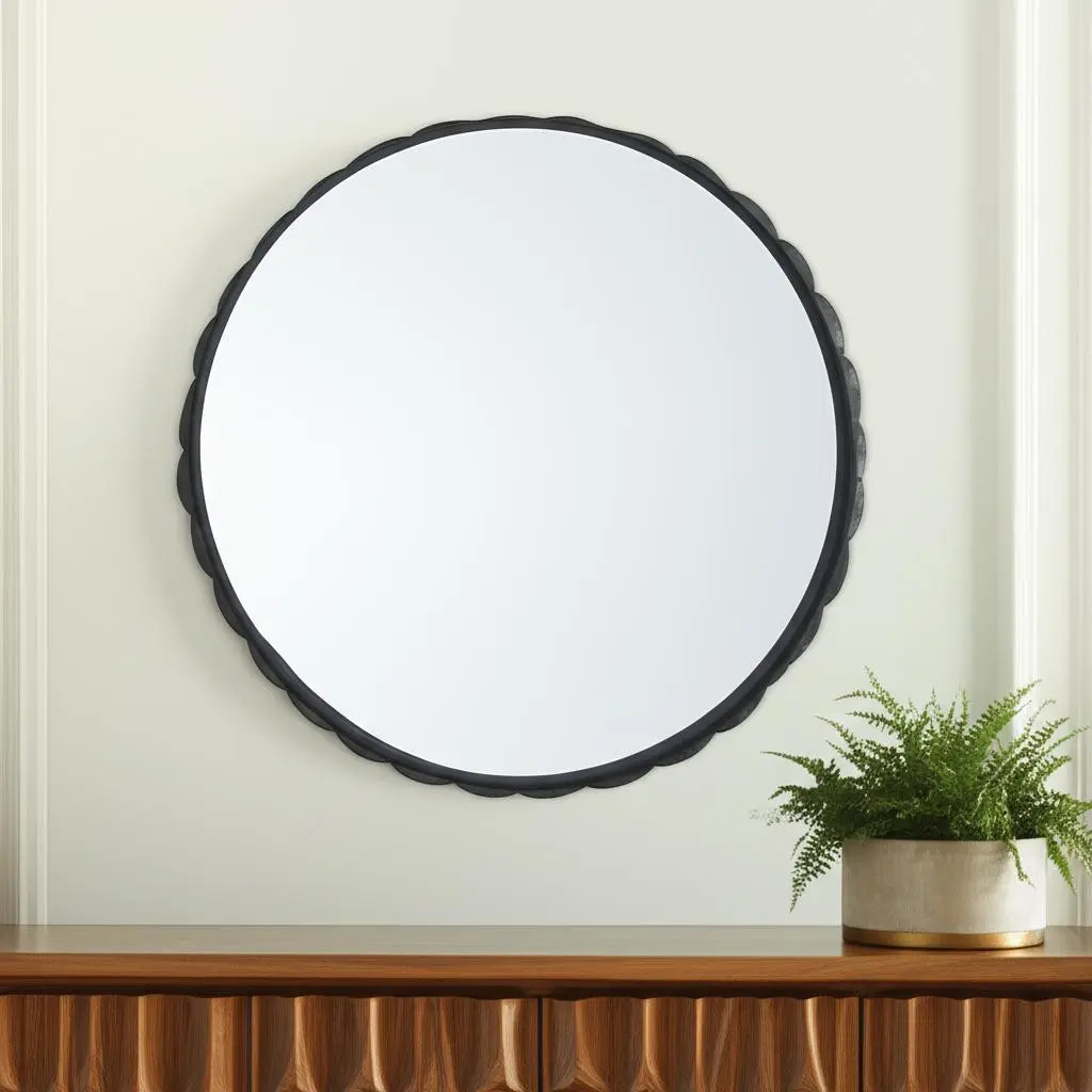 30 in. Round Black Metal Scalloped Edge Glass Wall Mirror, 360-Degree Mount Stand, Horizontal-Vertical Use, Home Decor Room Focal Point for Home Reflections, Modern, 29.72 In.