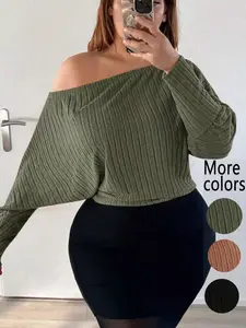 【Plus Size】1 Piece Off-Shoulder Ribbed Knit Sweater, Tik Tok Trendy Loose Style, Batwing Sleeve & Crop Design, Cozy & Fashionable, Perfect for Plus-Size Fashionistas Daily Wear & Dating Looks