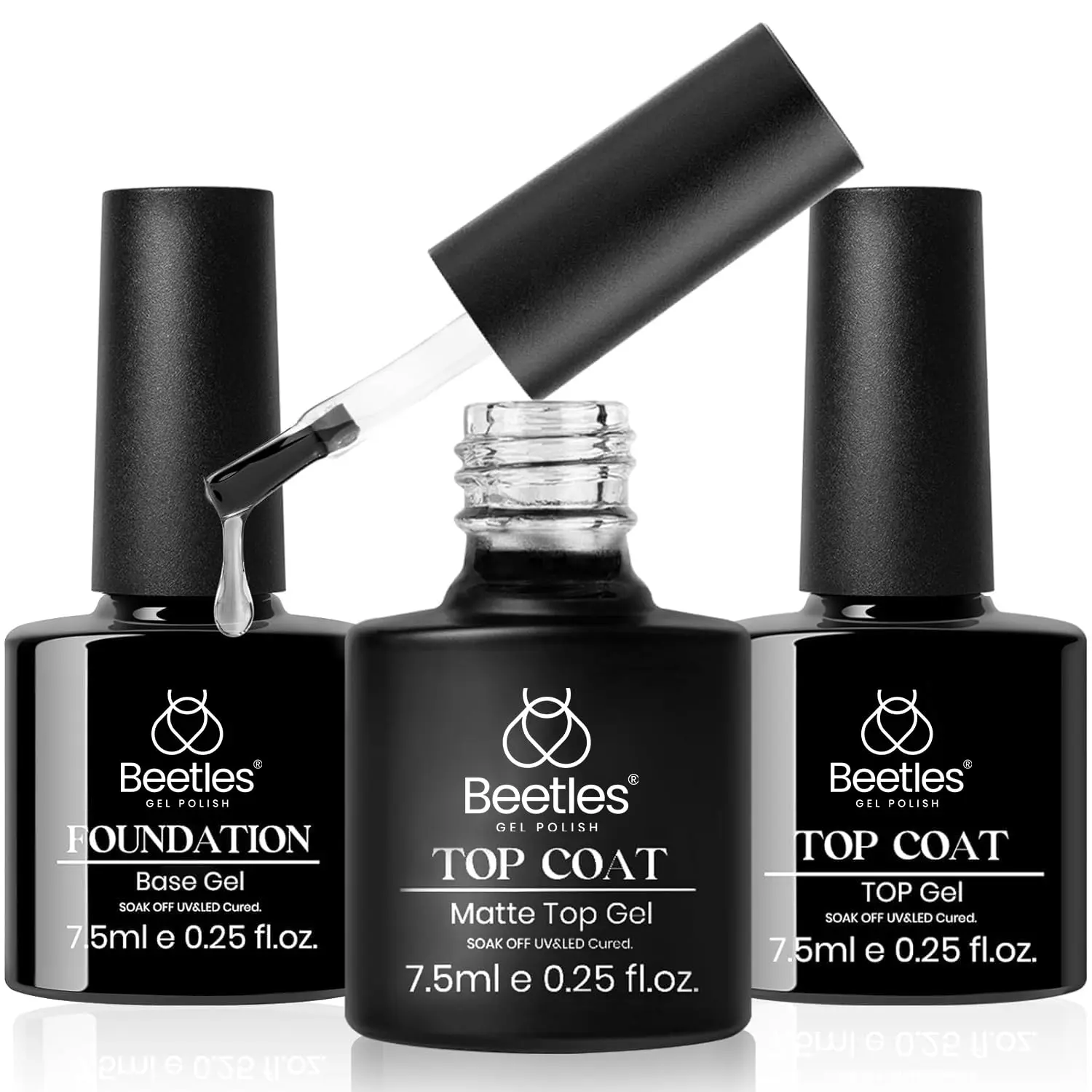 Beetles Gel Top Coat Base Coat Set for Gel Nail Polish, 3Pcs No Wipe Base Gel Matte & Shiny Top Coat, Long Lasting High Gloss and Matte Effects Soak off Uv Led Gel DIY at Home