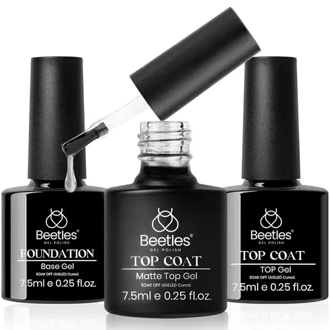 Beetles 3Pcs No Wipe Coating Gel Nail Polish Base & Top Coat Set - Uv Light Gel, Soak-Off UV LED, Long Lasting Gloss/Matte Effects, Adults' Bottle Set for Nail Art Manicure, Acrylic Use, DIY Gift